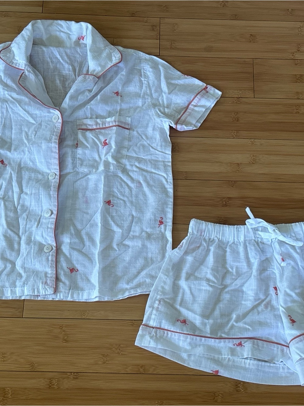 White Pajama Set with Pink Flamingo Trim